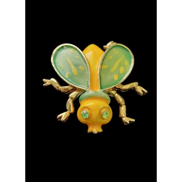 Vintage WEISS Enamel Fly Brooch w/ Green Rhinestones Insect Pin Jewelry SIGNED - Picture 1 of 8